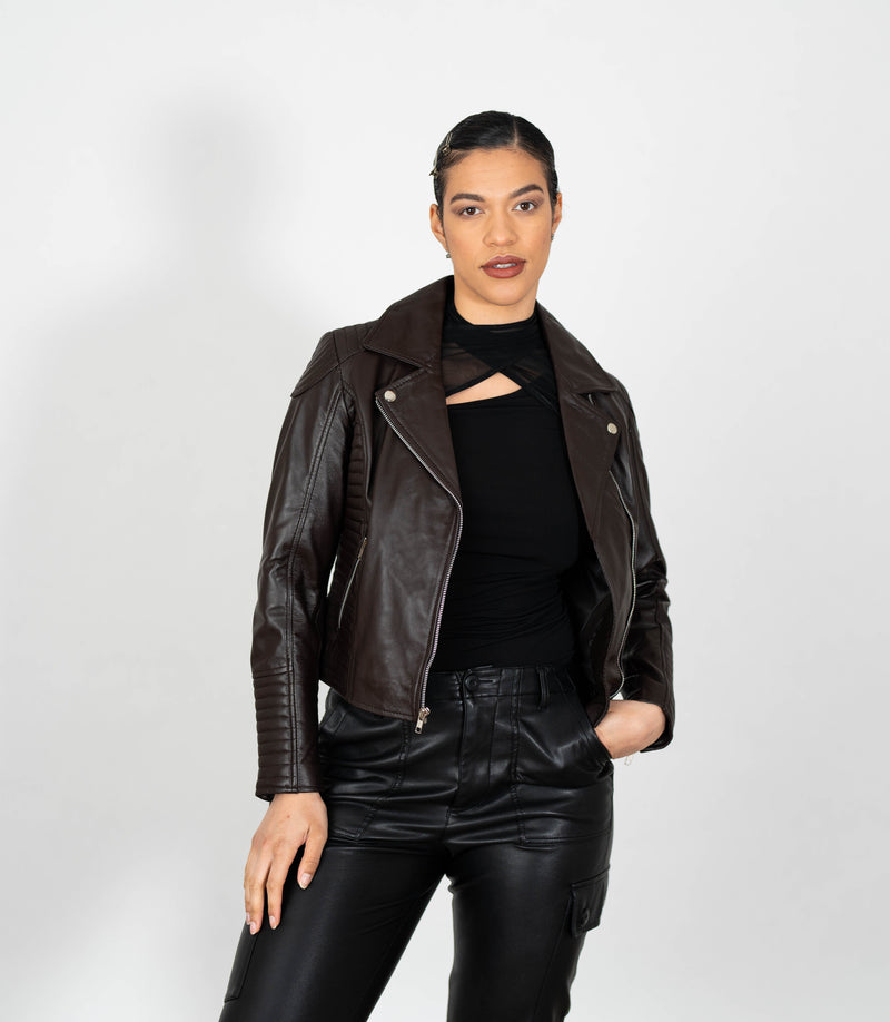 Women's Cross Zip Quilted Biker Style Leather Jacket