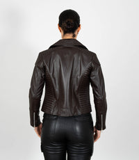 Women's Cross Zip Quilted Biker Style Leather Jacket