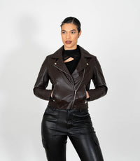 Women's Cross Zip Quilted Biker Style Leather Jacket