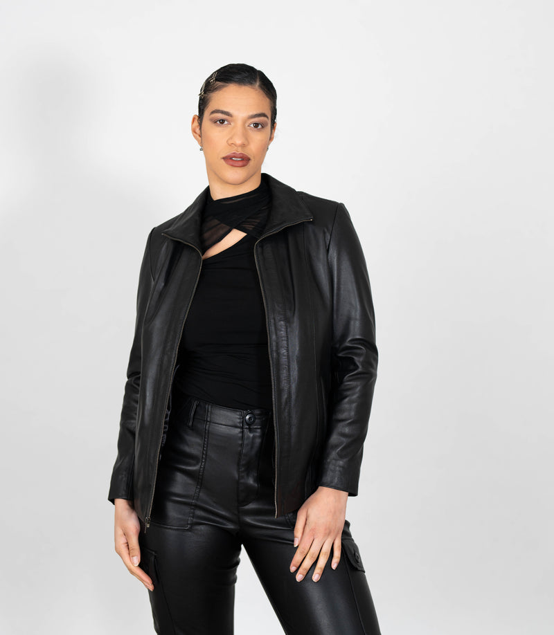 Women's Classic Zip Blazer Leather Jacket with Collar