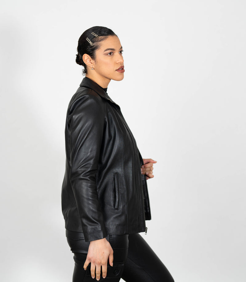 Women's Classic Zip Blazer Leather Jacket with Collar