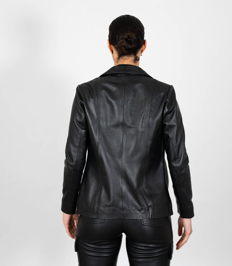 Women's Classic Zip Blazer Leather Jacket with Collar