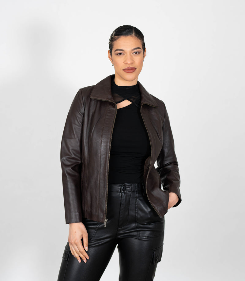 Women's Classic Zip Blazer Leather Jacket with Collar