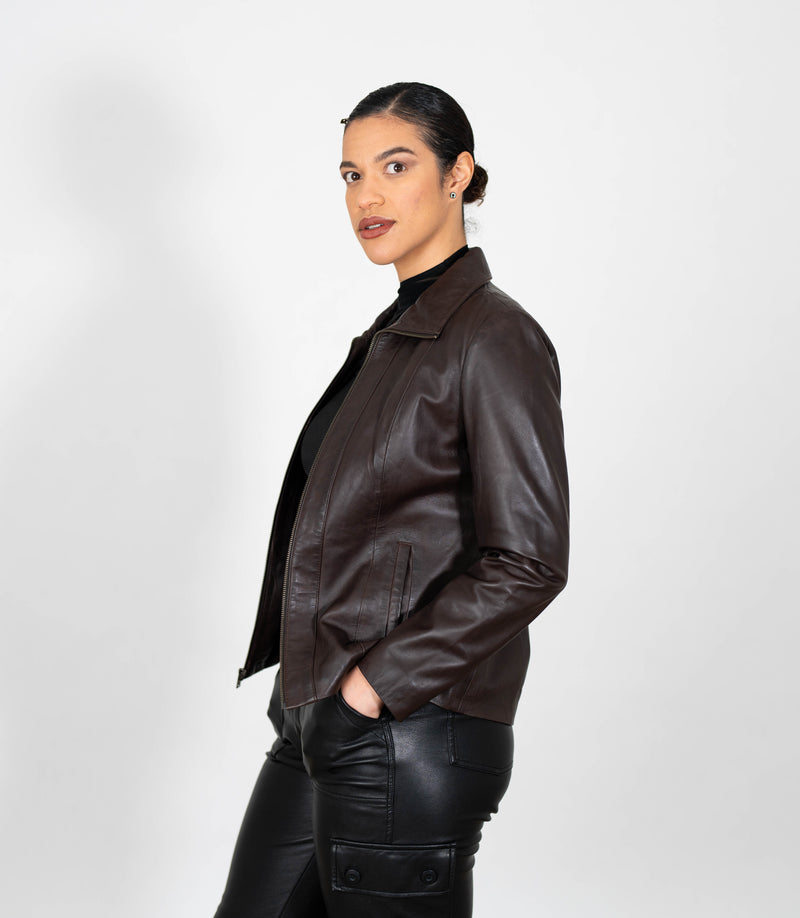 Women's Classic Zip Blazer Leather Jacket with Collar