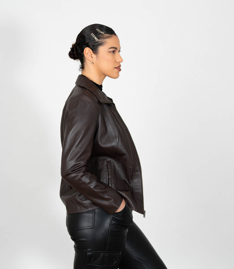 Women's Classic Zip Blazer Leather Jacket with Collar