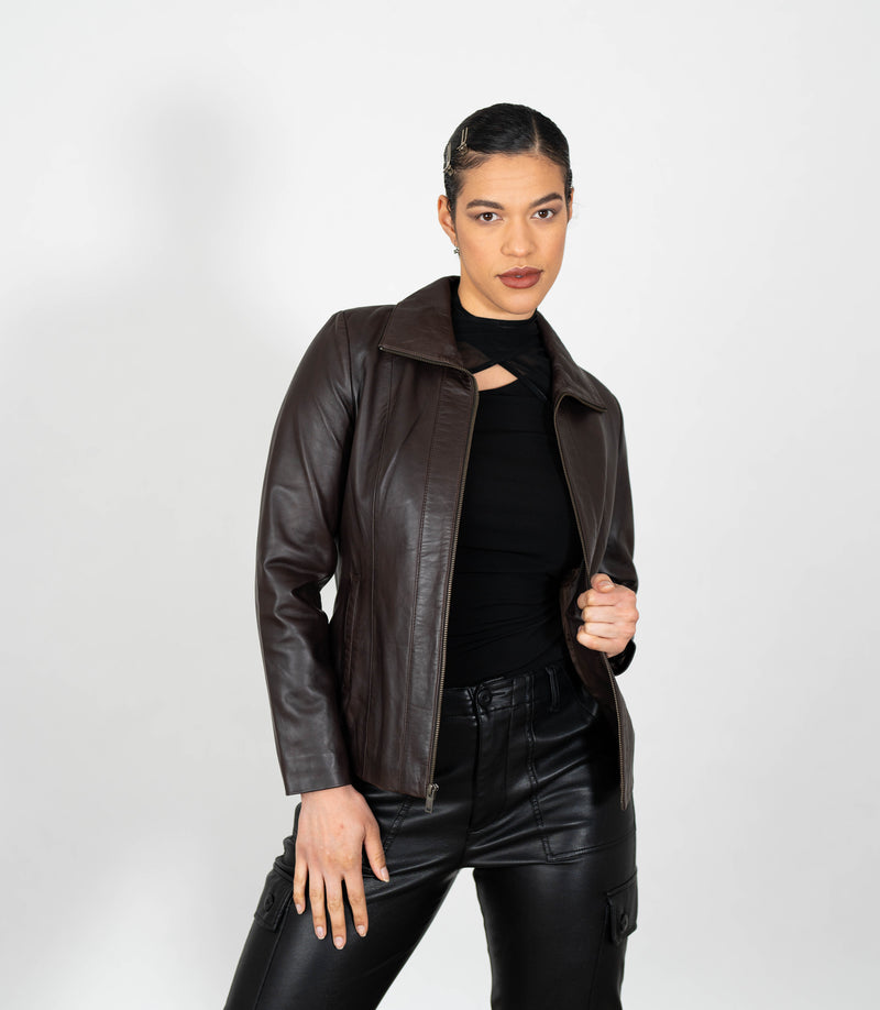 Women's Classic Zip Blazer Leather Jacket with Collar