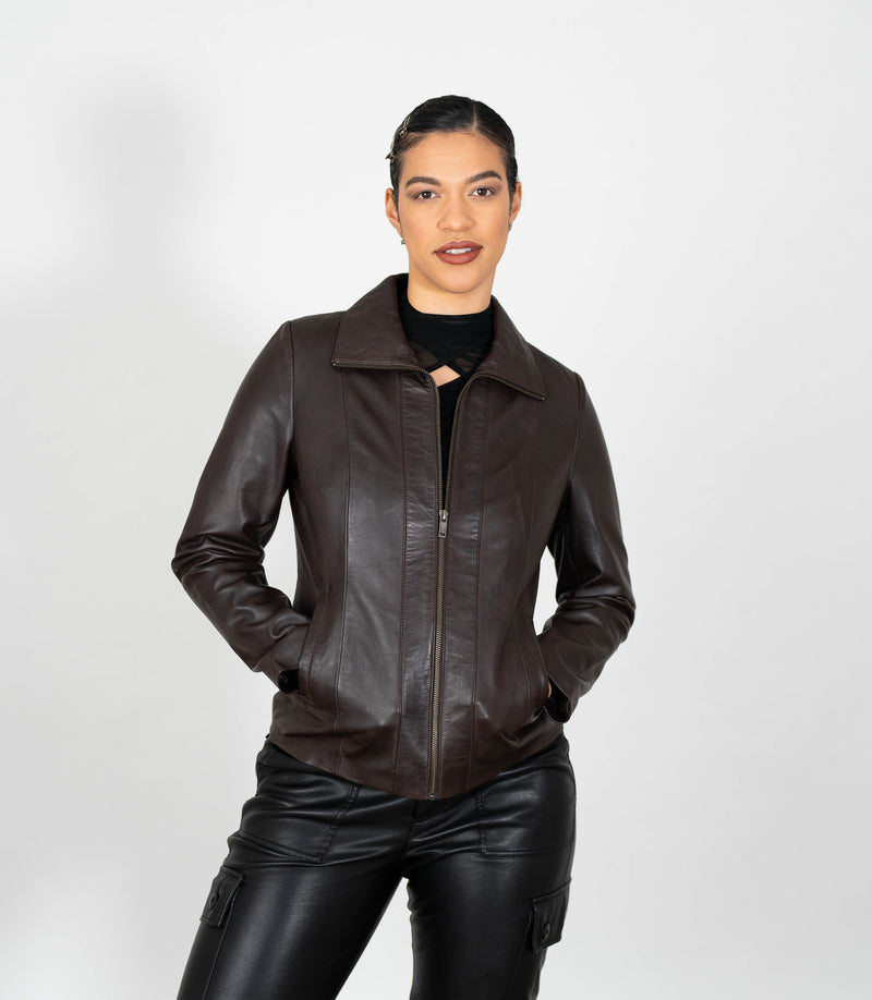 Women's Classic Zip Blazer Leather Jacket with Collar