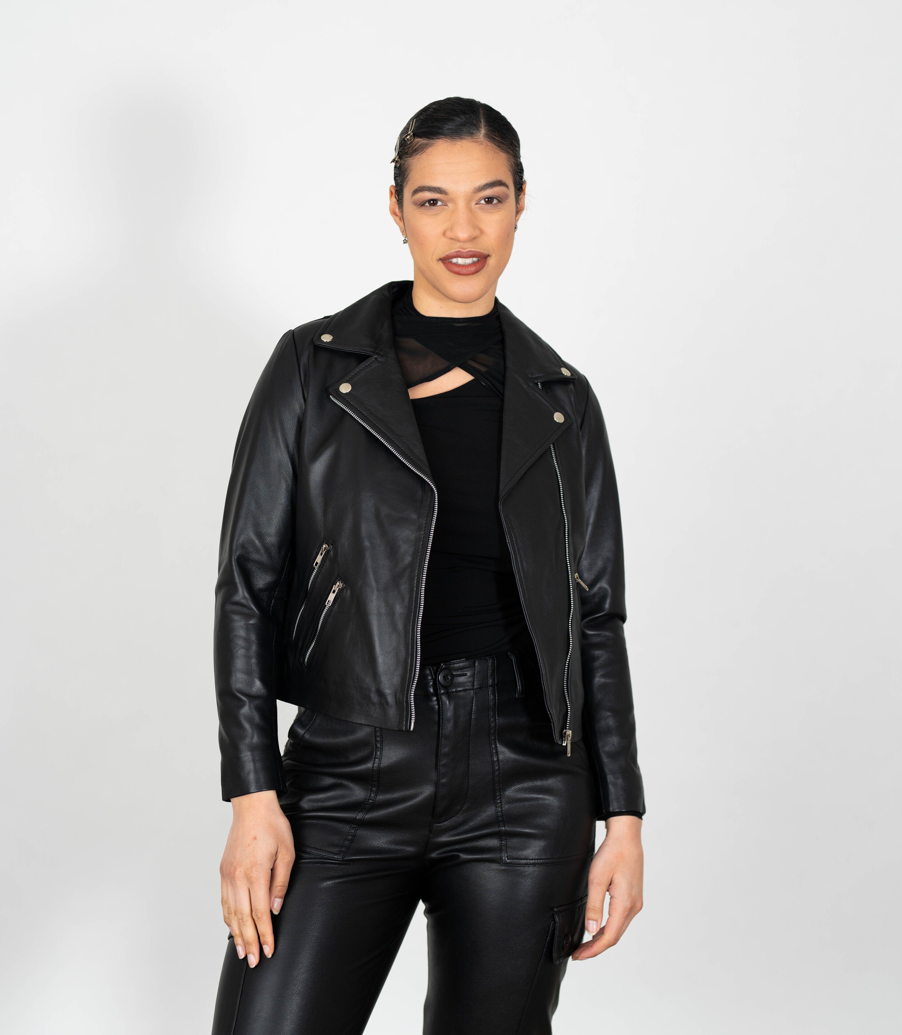 Women's Biker Style Cross Zip Leather Jacket - Black – Brick Lane