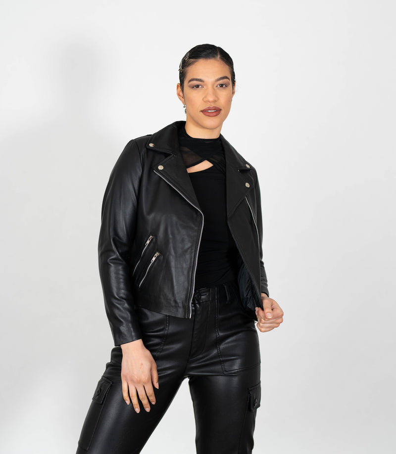 Women's Biker Style Cross Zip Leather Jacket