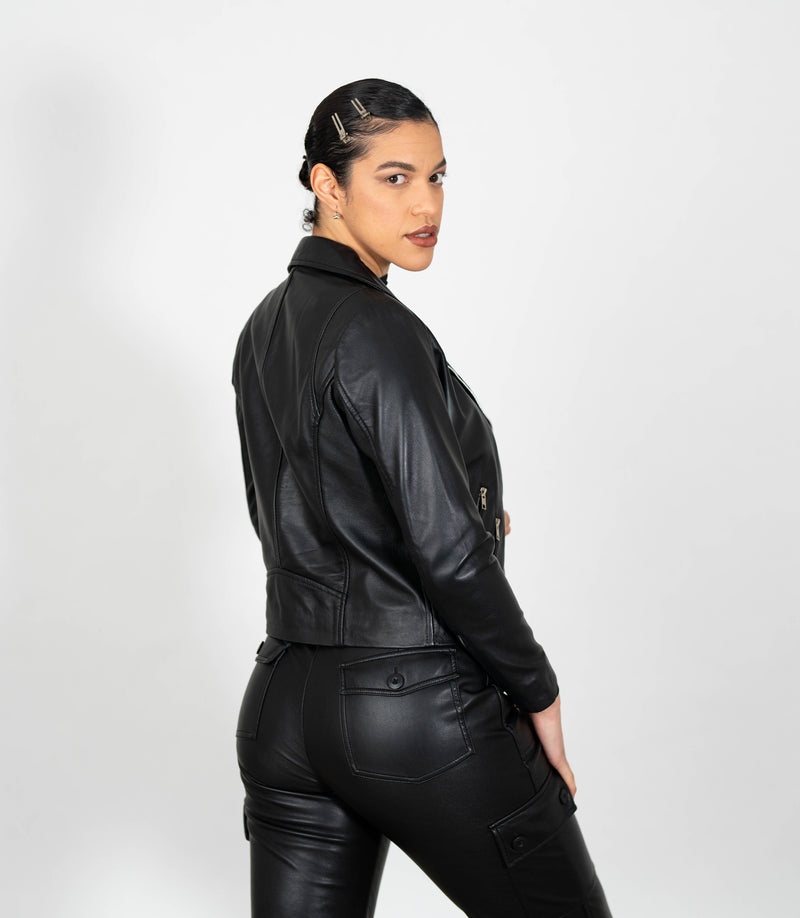 Women's Biker Style Cross Zip Leather Jacket
