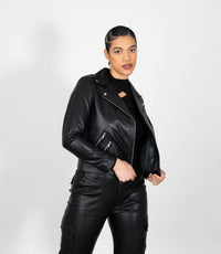 Women's Biker Style Cross Zip Leather Jacket