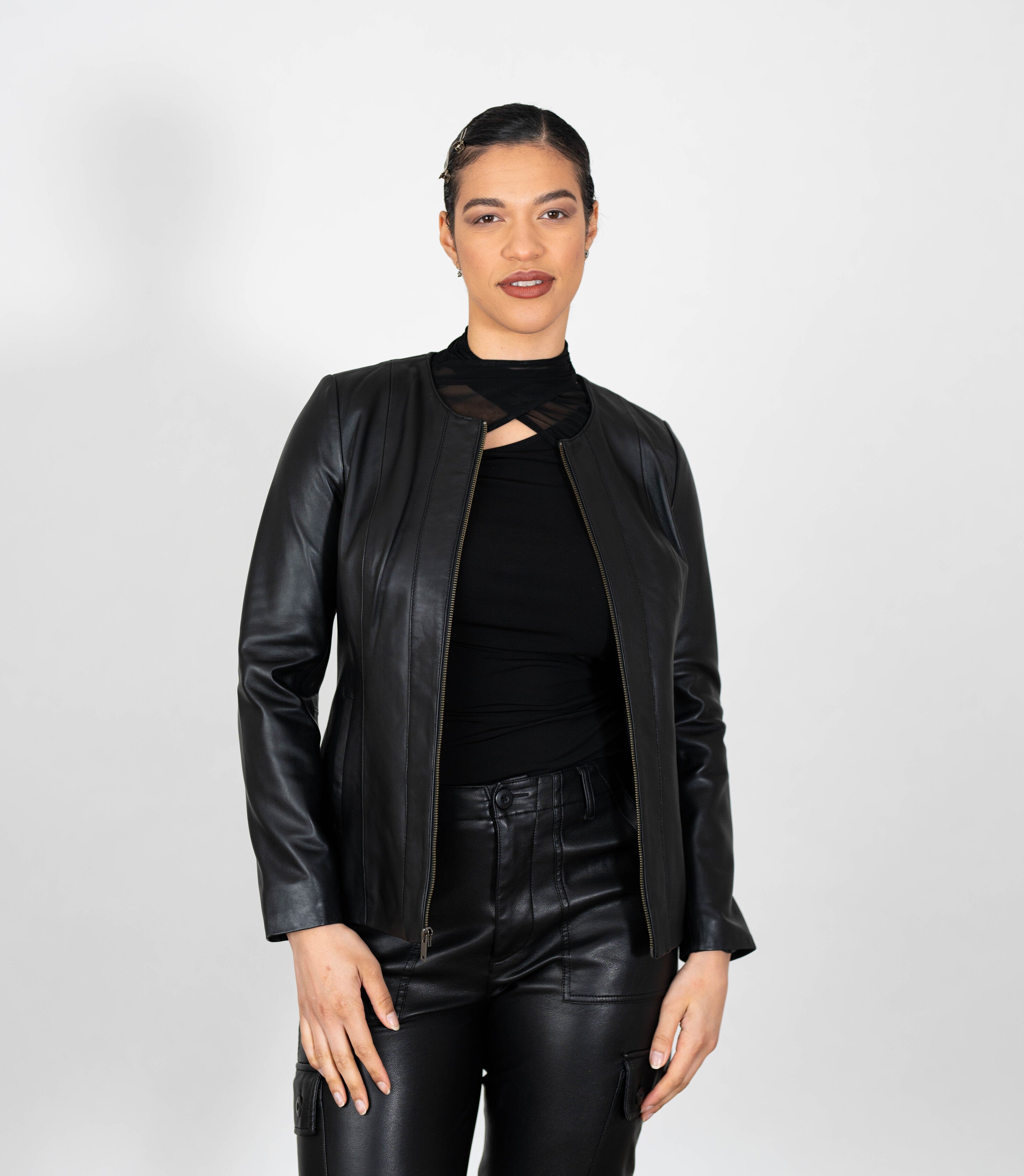 Women's Collarless Classic Leather Jacket - Black – Brick Lane