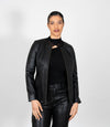 Women's Collarless Classic Leather Jacket - Black