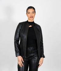 Women's Collarless Classic Leather Jacket - Black
