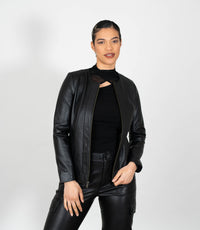 Women's Collarless Classic Leather Jacket - Black