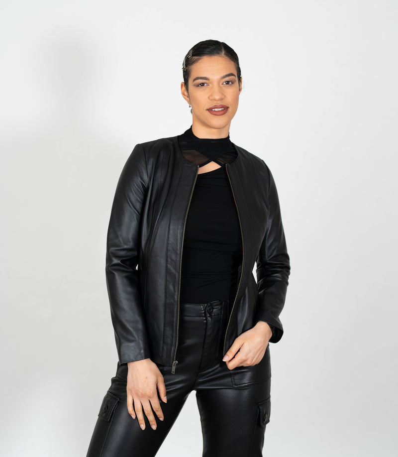Women's Collarless Classic Leather Jacket - Black