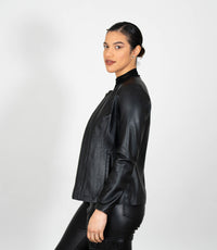 Women's Collarless Classic Leather Jacket - Black