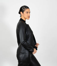 Women's Collarless Classic Leather Jacket - Black