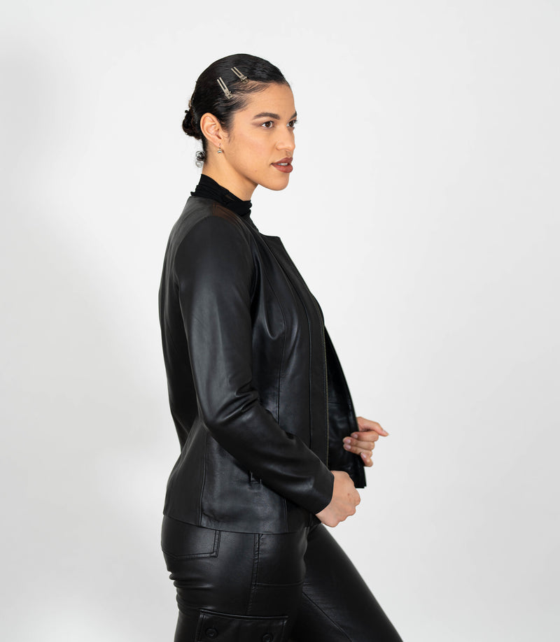 Women's Collarless Classic Leather Jacket - Black