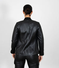 Women's Collarless Classic Leather Jacket - Black