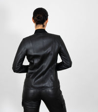 Women's Collarless Classic Leather Jacket - Black