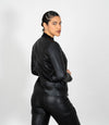Women's Collarless Classic Leather Jacket - Black