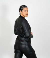 Women's Collarless Classic Leather Jacket - Black