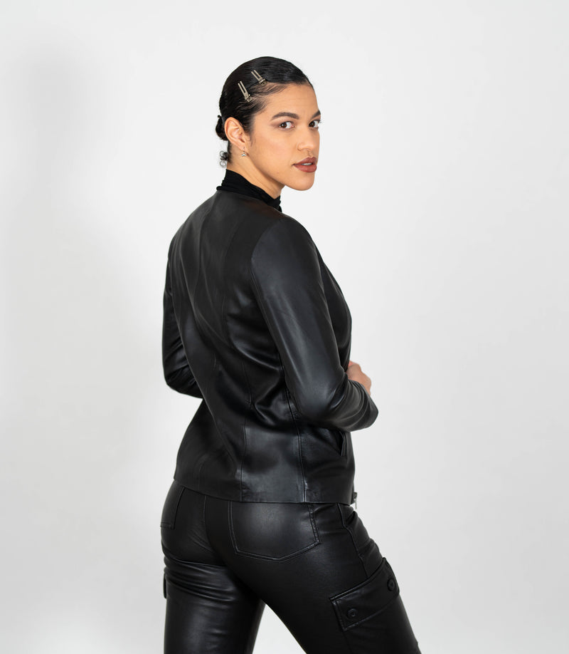 Women's Collarless Classic Leather Jacket - Black
