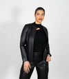 Women's Collarless Classic Leather Jacket - Black