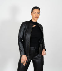 Women's Collarless Classic Leather Jacket - Black