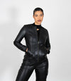 Women's Collarless Classic Leather Jacket - Black