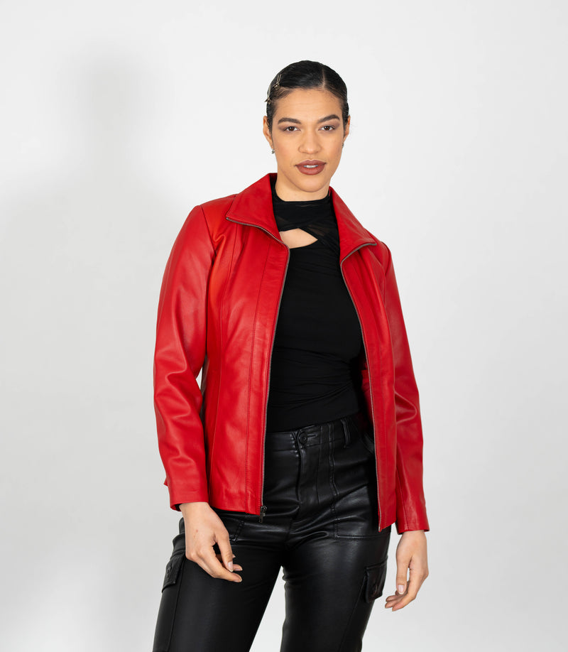 Women's Classic Zip Blazer Leather Jacket with Collar