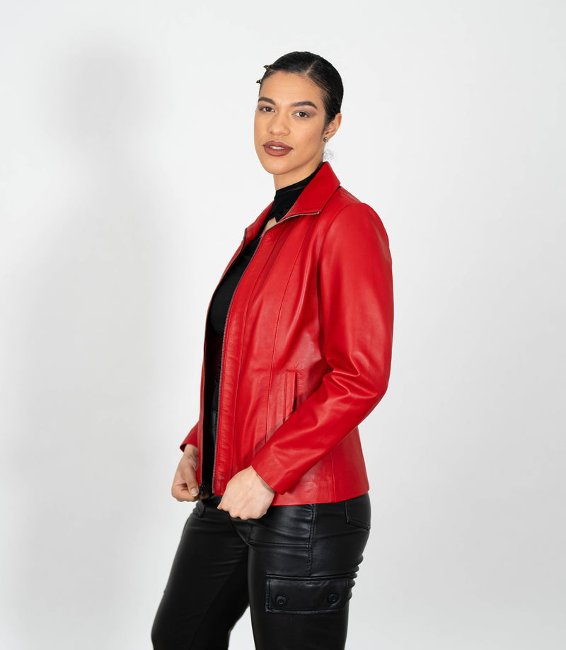 Women's Classic Zip Blazer Leather Jacket with Collar