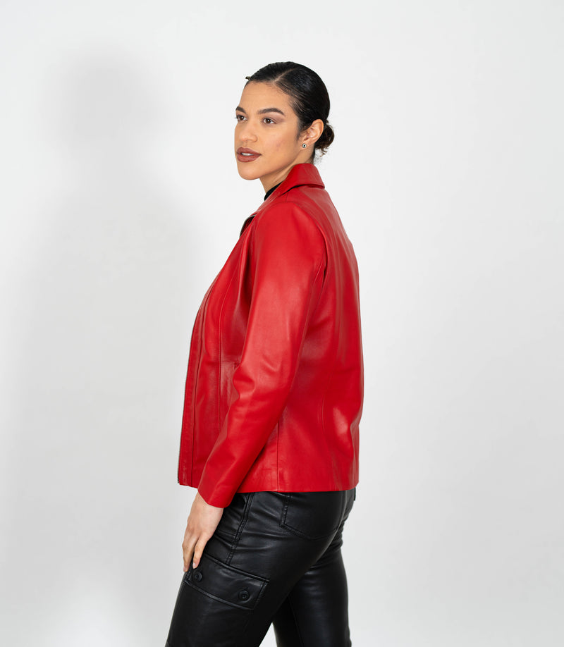 Women's Classic Zip Blazer Leather Jacket with Collar