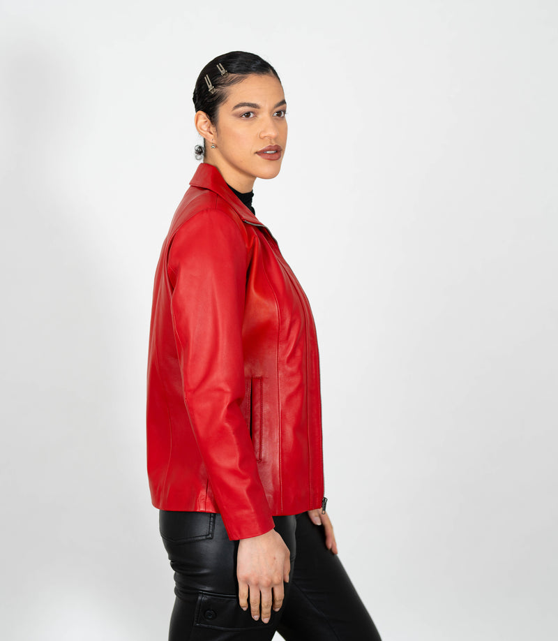 Women's Classic Zip Blazer Leather Jacket with Collar