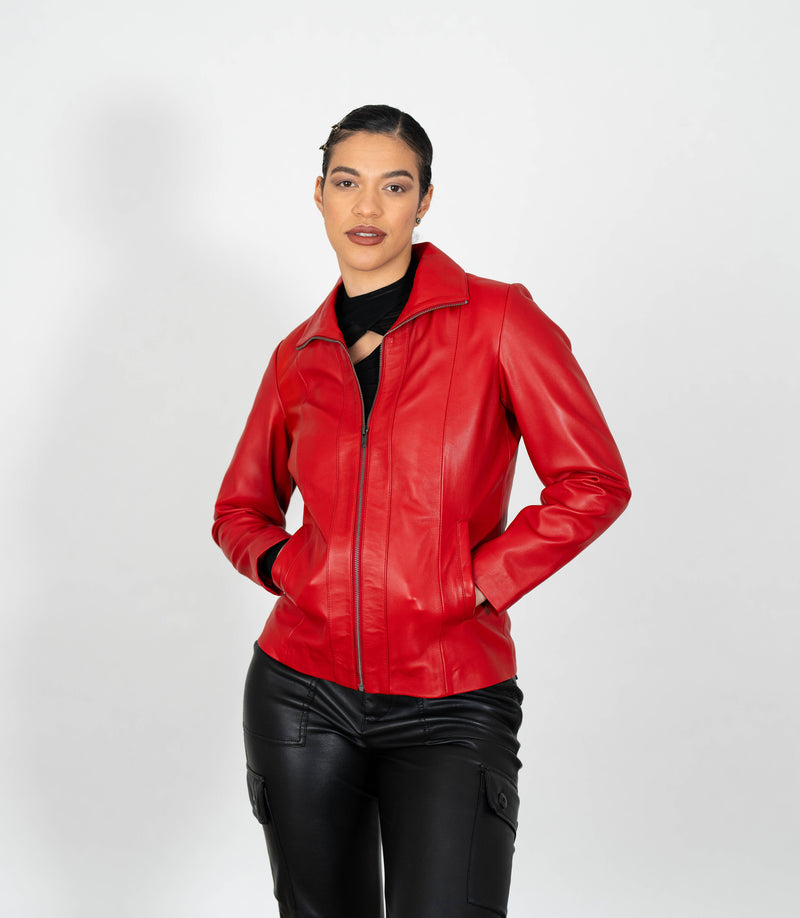 Women's Classic Zip Blazer Leather Jacket with Collar
