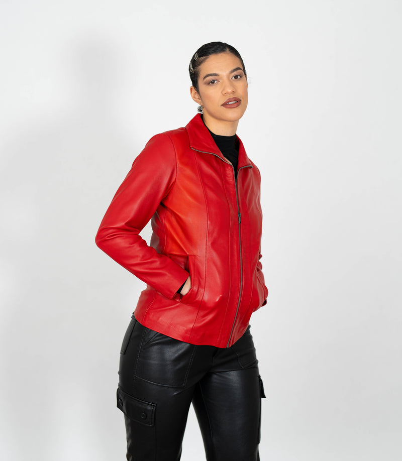 Women's Classic Zip Blazer Leather Jacket with Collar