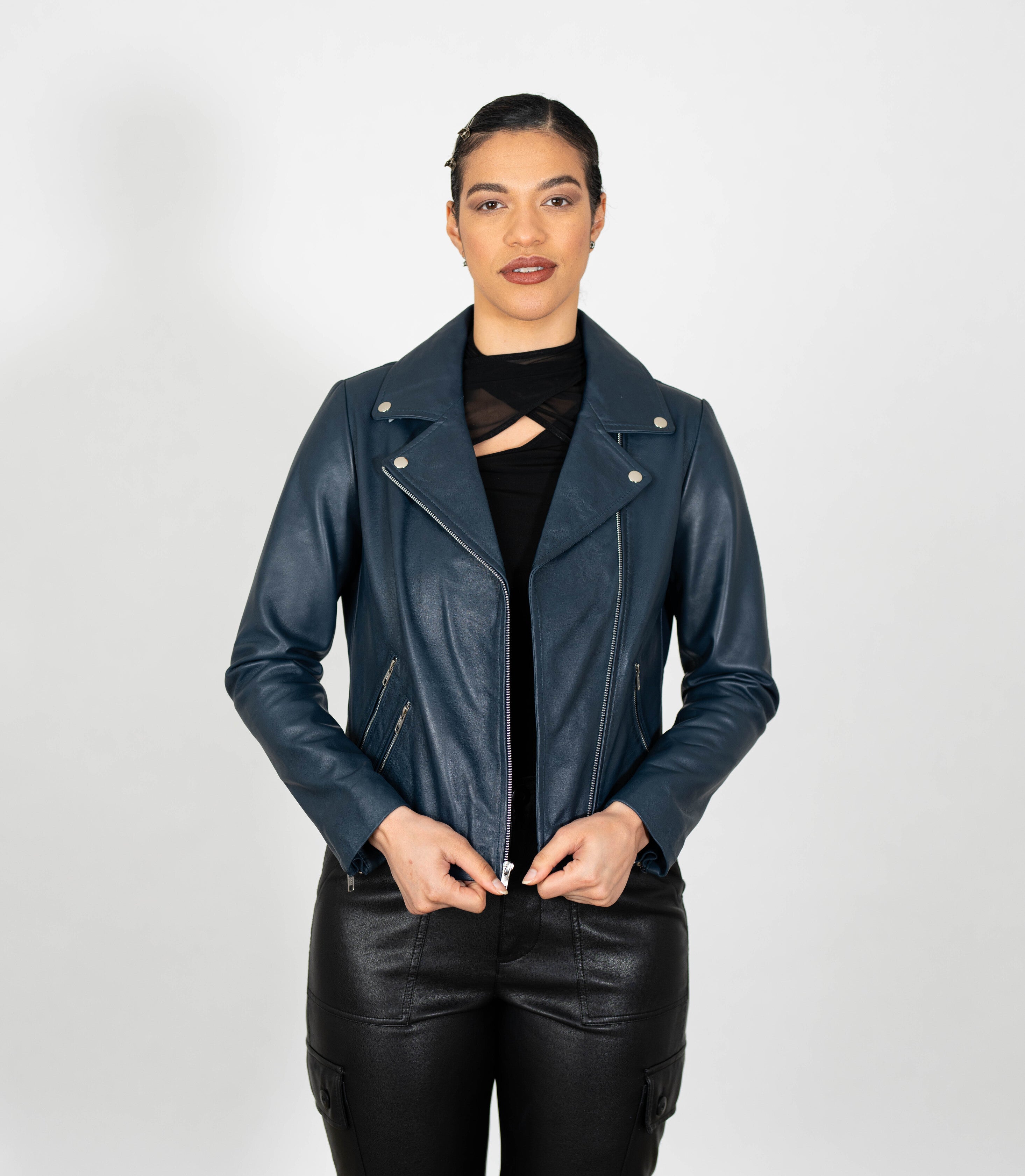 Women's Biker Style Cross Zip Leather Jacket - Navy Blue – Brick