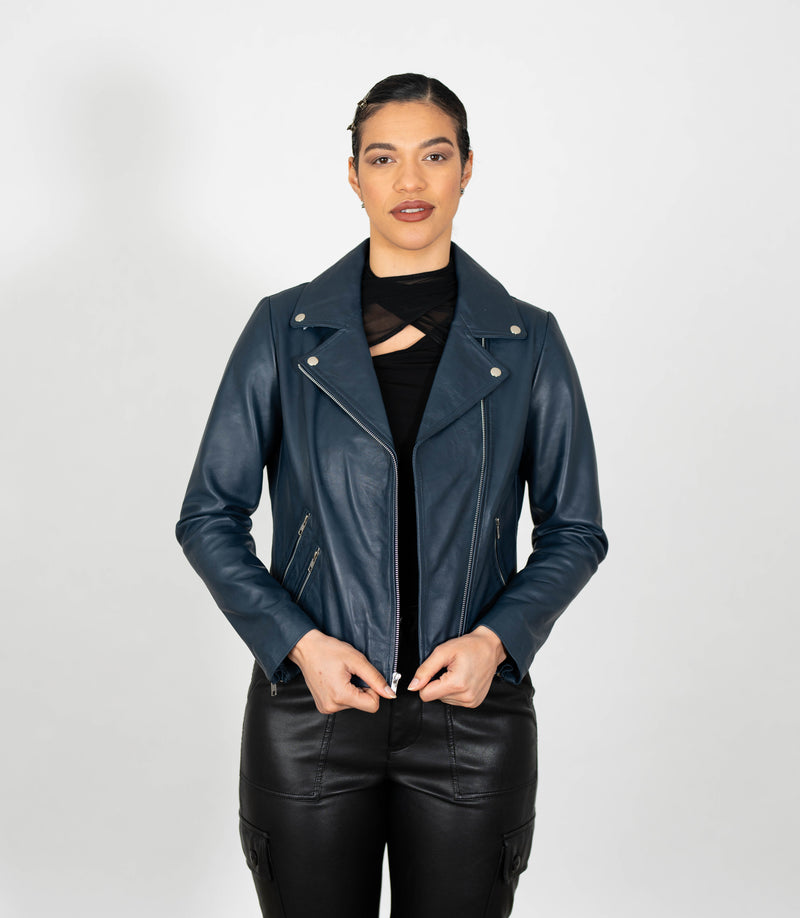Women's Biker Style Cross Zip Leather Jacket