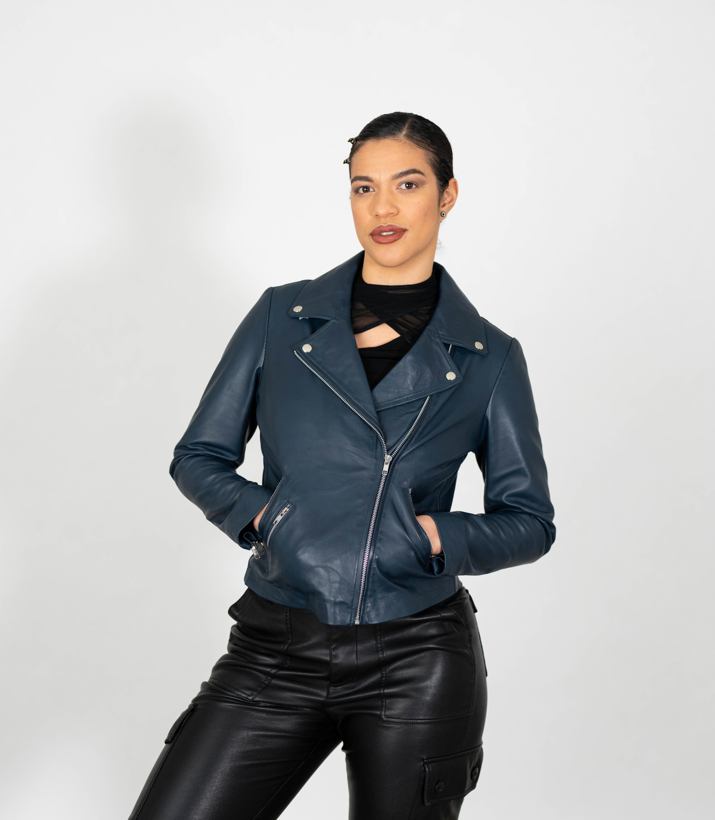 Women's Biker Style Cross Zip Leather Jacket - Navy Blue – Brick
