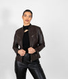 Women's Mandarin Collar Leather Biker Jacket