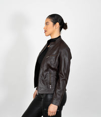 Women's Mandarin Collar Leather Biker Jacket