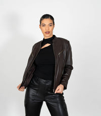 Women's Mandarin Collar Leather Biker Jacket