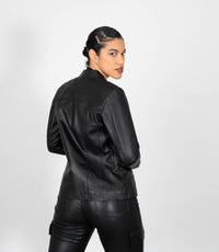 Women's Classic Zip Up V-Neck Leather Jacket