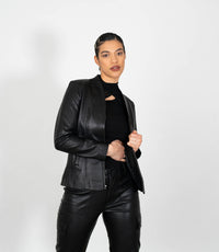 Women's Classic Zip Up V-Neck Leather Jacket