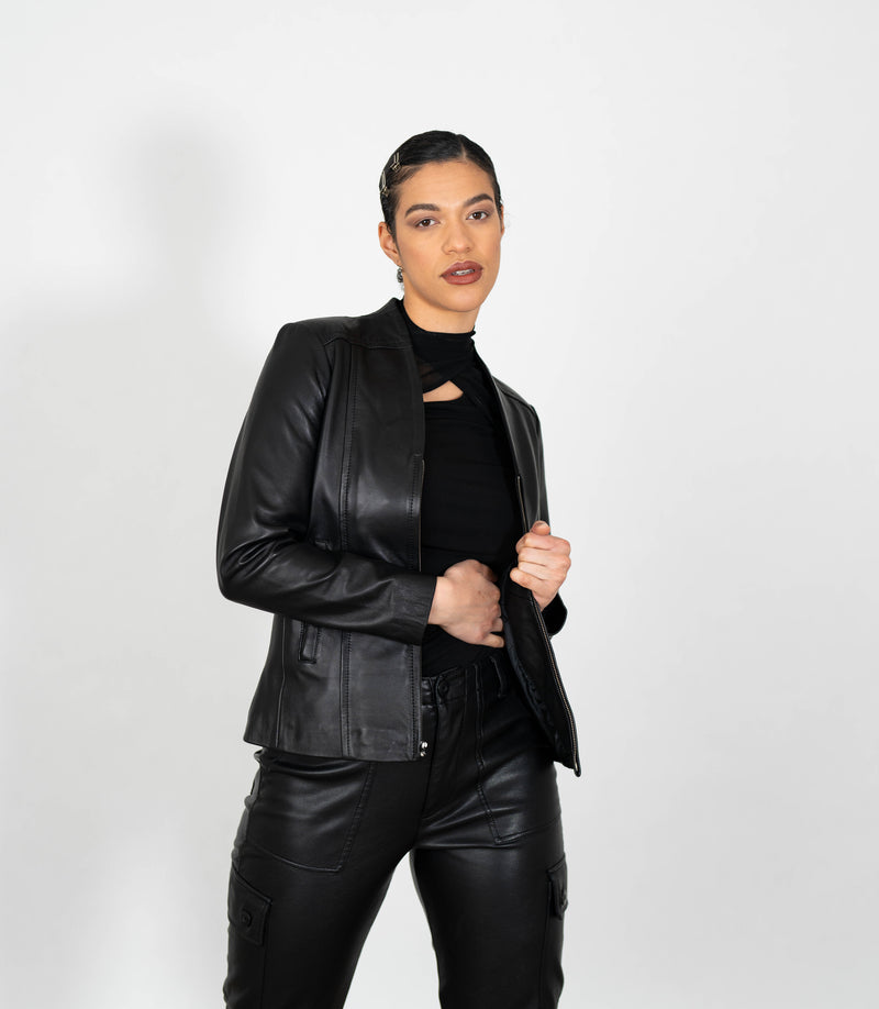 Women's Classic Zip Up V-Neck Leather Jacket