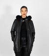 Women's Detachable Fur Trimmed Hood Leather Coat - Black