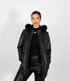 Women's Detachable Fur Trimmed Hood Leather Coat - Black