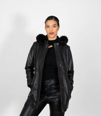 Women's Detachable Fur Trimmed Hood Leather Coat - Black