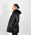 Women's Detachable Fur Trimmed Hood Leather Coat - Black
